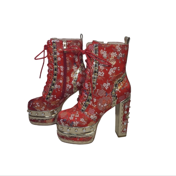 Womens Platform High Heels Square Toe Pearl Lace Strap Rivet Decor Boots 38(7.5) - Picture 3 of 13